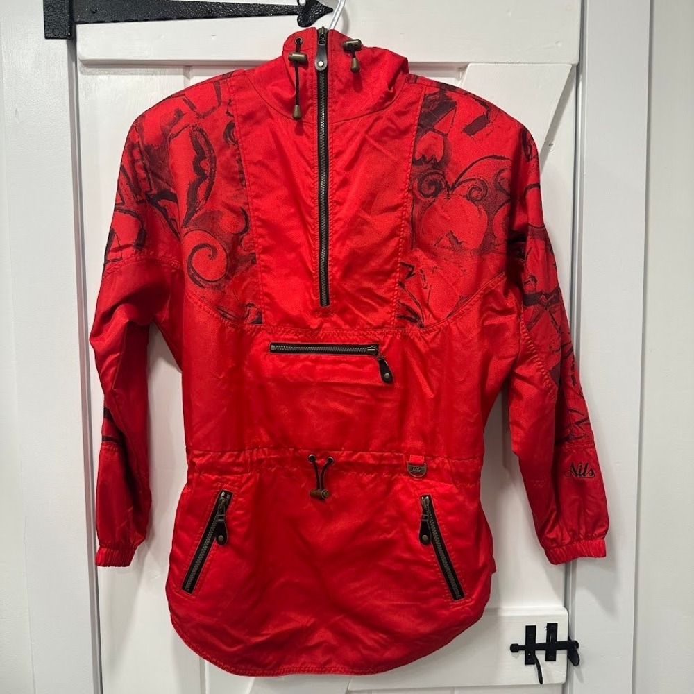 Vintage Nils Womens Anorak Pullover Hooded Jacket Sz 8 Red Black Abstract Print